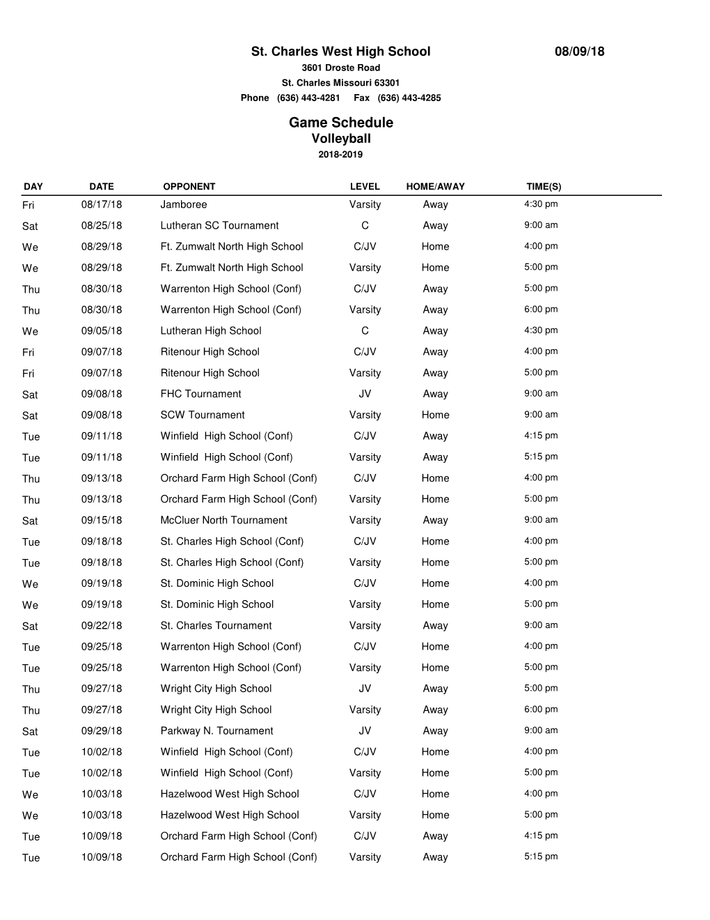 Game Schedules PDF