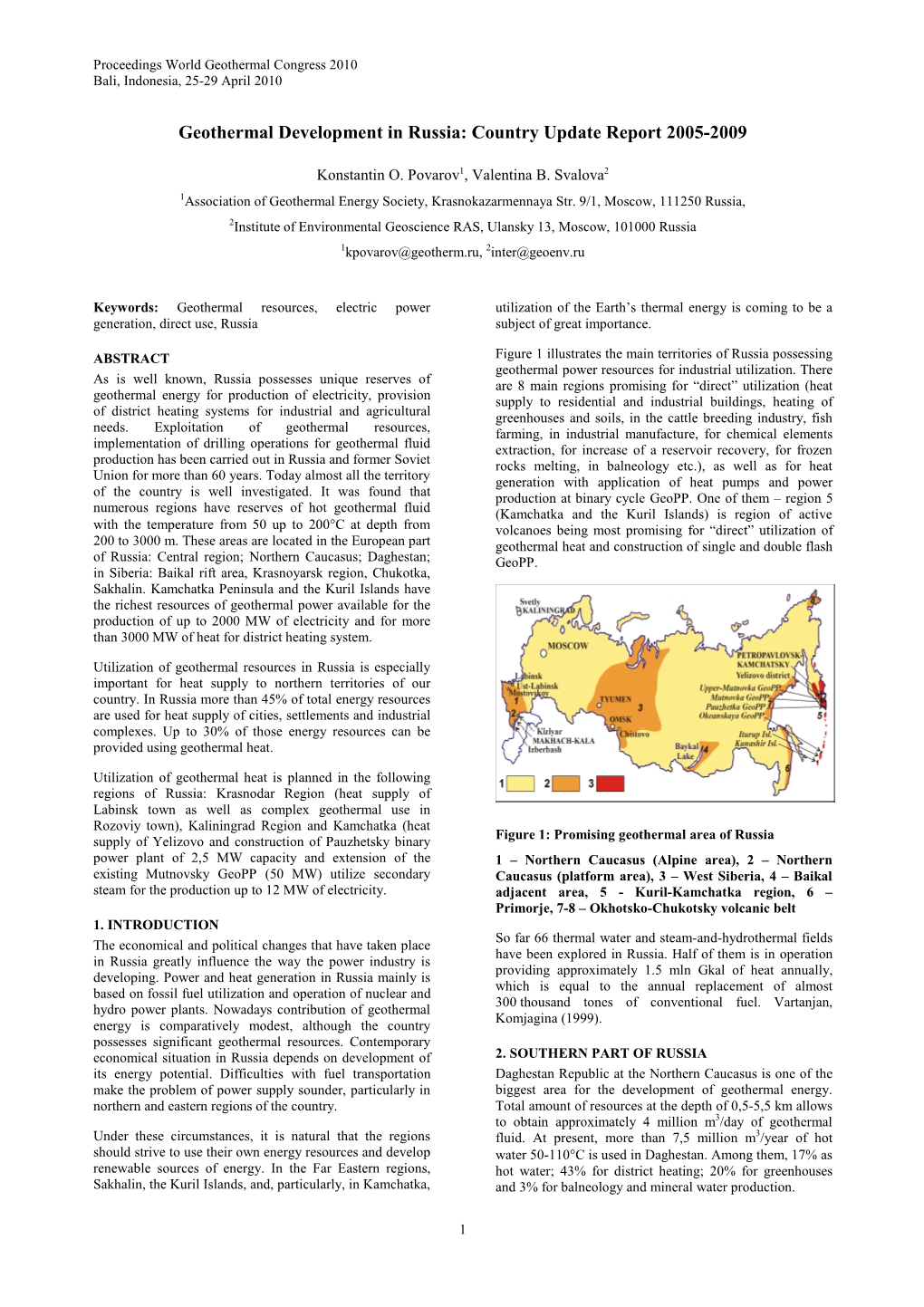 Geothermal Development in Russia: Country Update 2005-2009