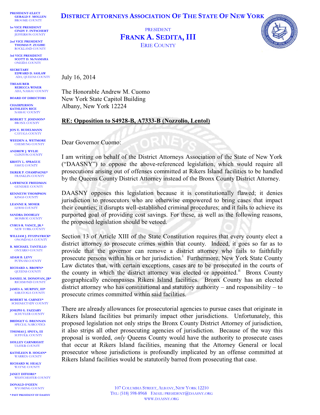 DAASNY Letter of Opposition S4928B A7333B Rikers Jurisdiction