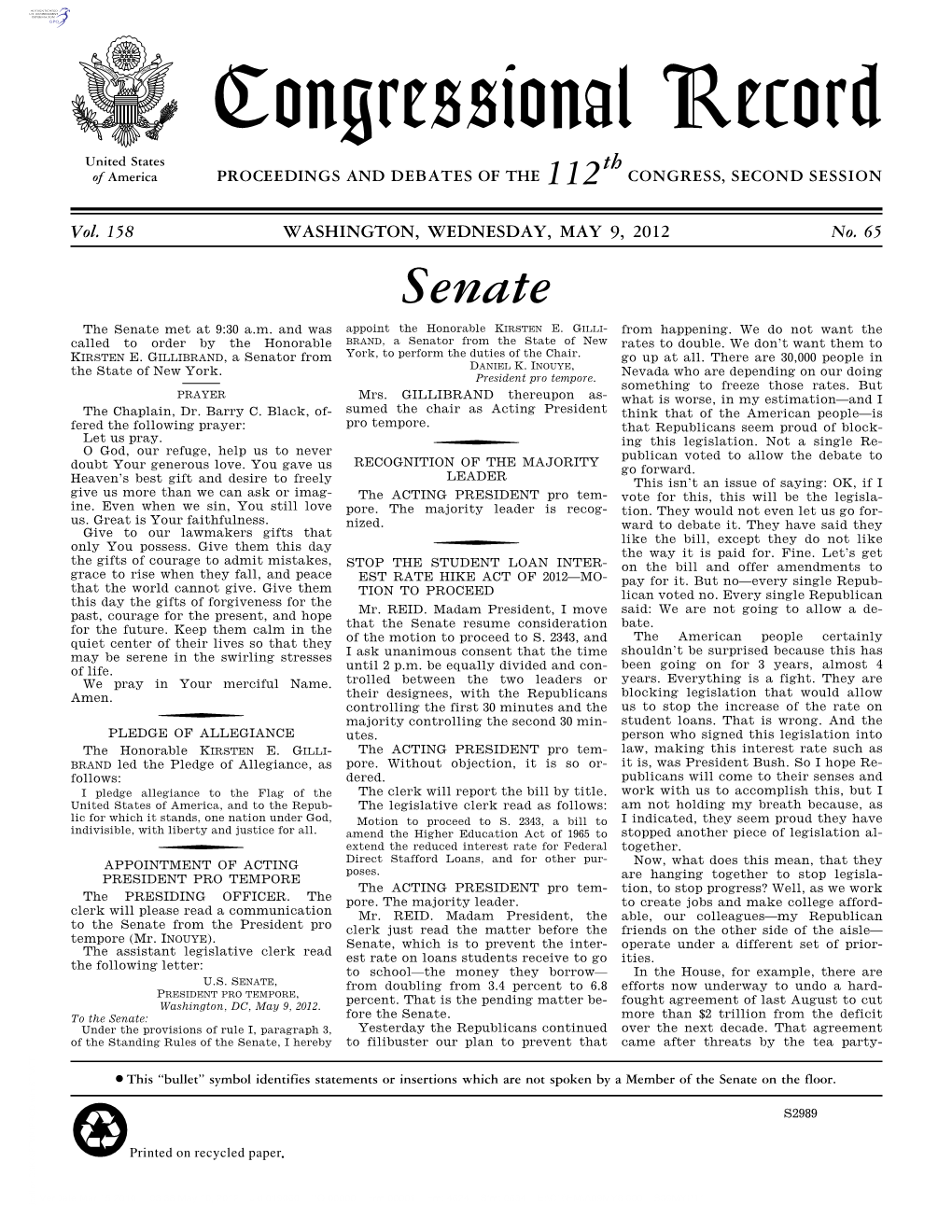 Congressional Record United States Th of America PROCEEDINGS and DEBATES of the 112 CONGRESS, SECOND SESSION