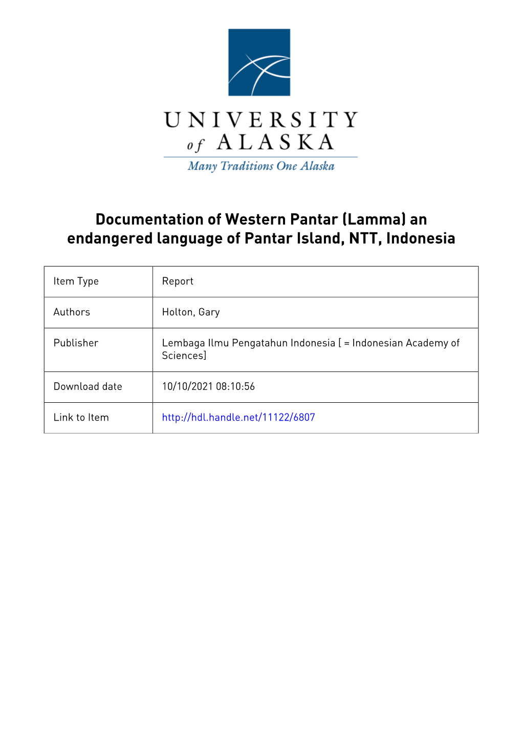 Documentation of Western Pantar (Lamma) an Endangered Language of Pantar Island, NTT, Indonesia