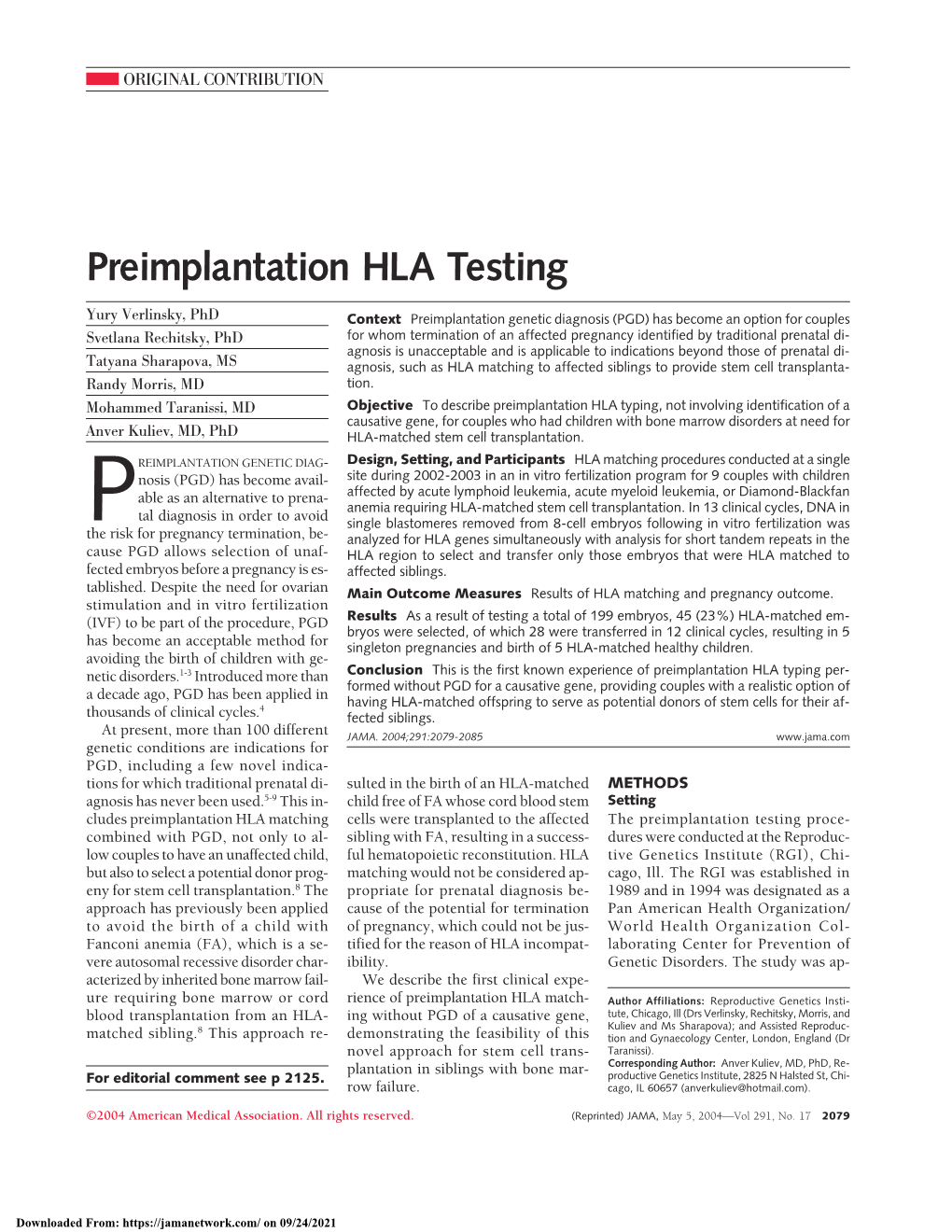 Preimplantation HLA Testing