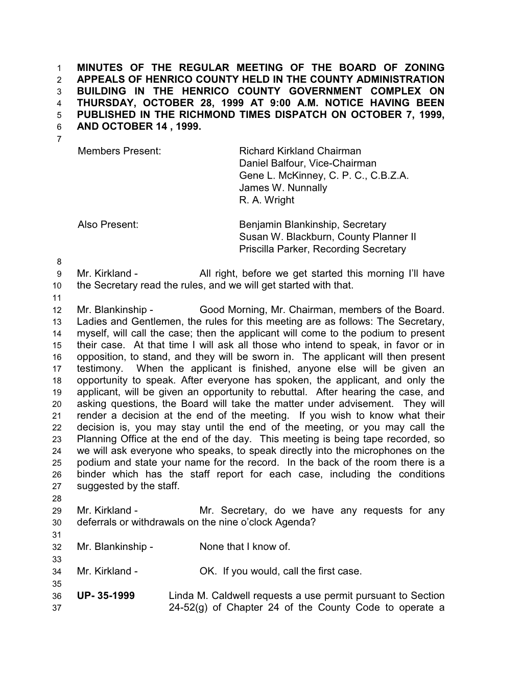 Minutes of the Regular Meeting of the Board of Zoning