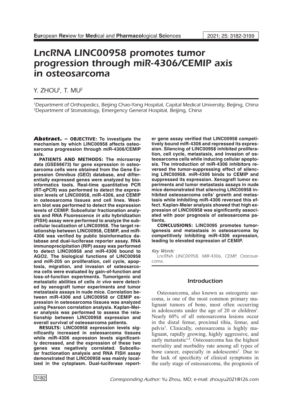 Lncrna LINC00958 Promotes Tumor Progression Through Mir-4306/CEMIP Axis in Osteosarcoma