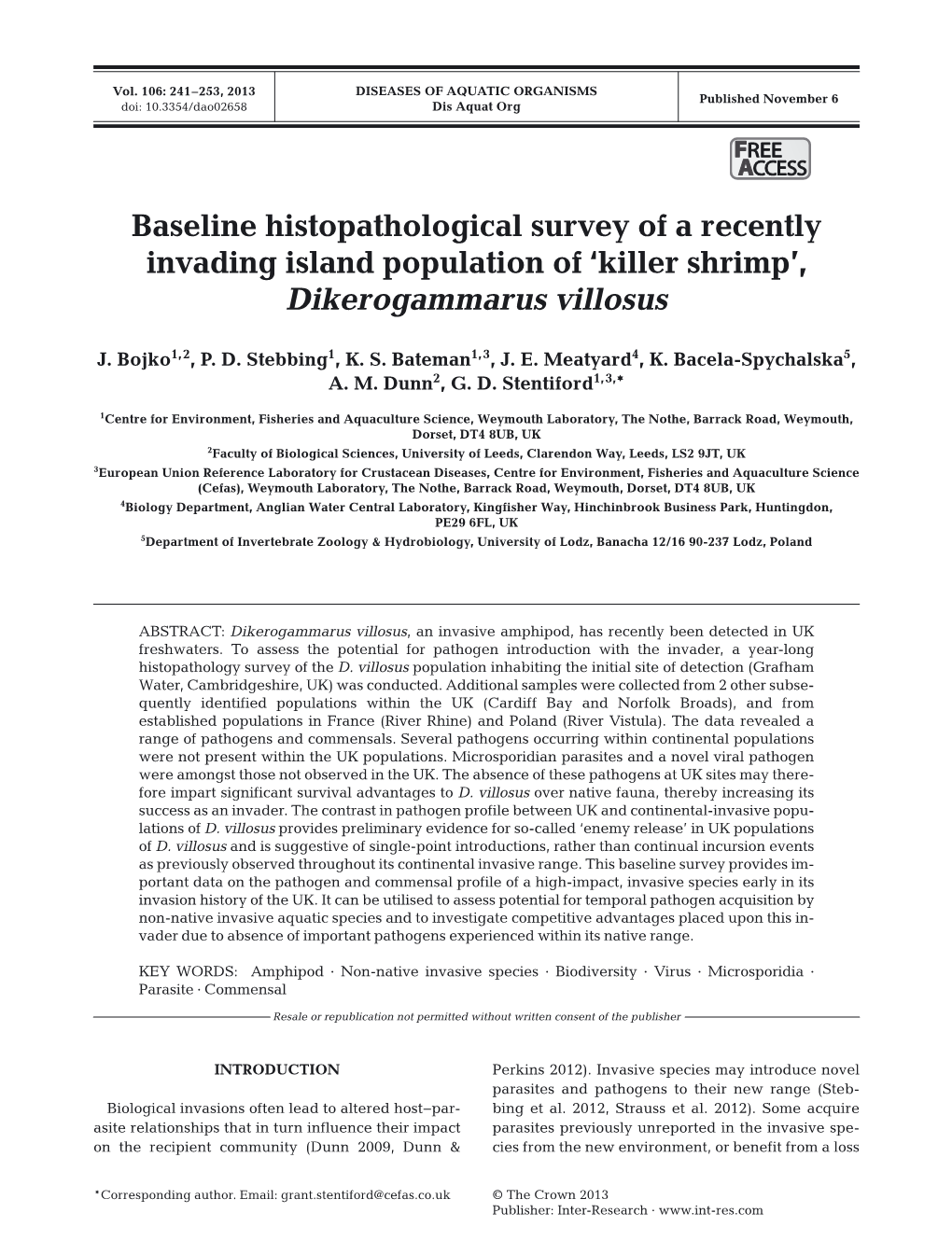 Baseline Histopathological Survey of a Recently Invading Island Population of ‘Killer Shrimp’, Dikerogammarus Villosus