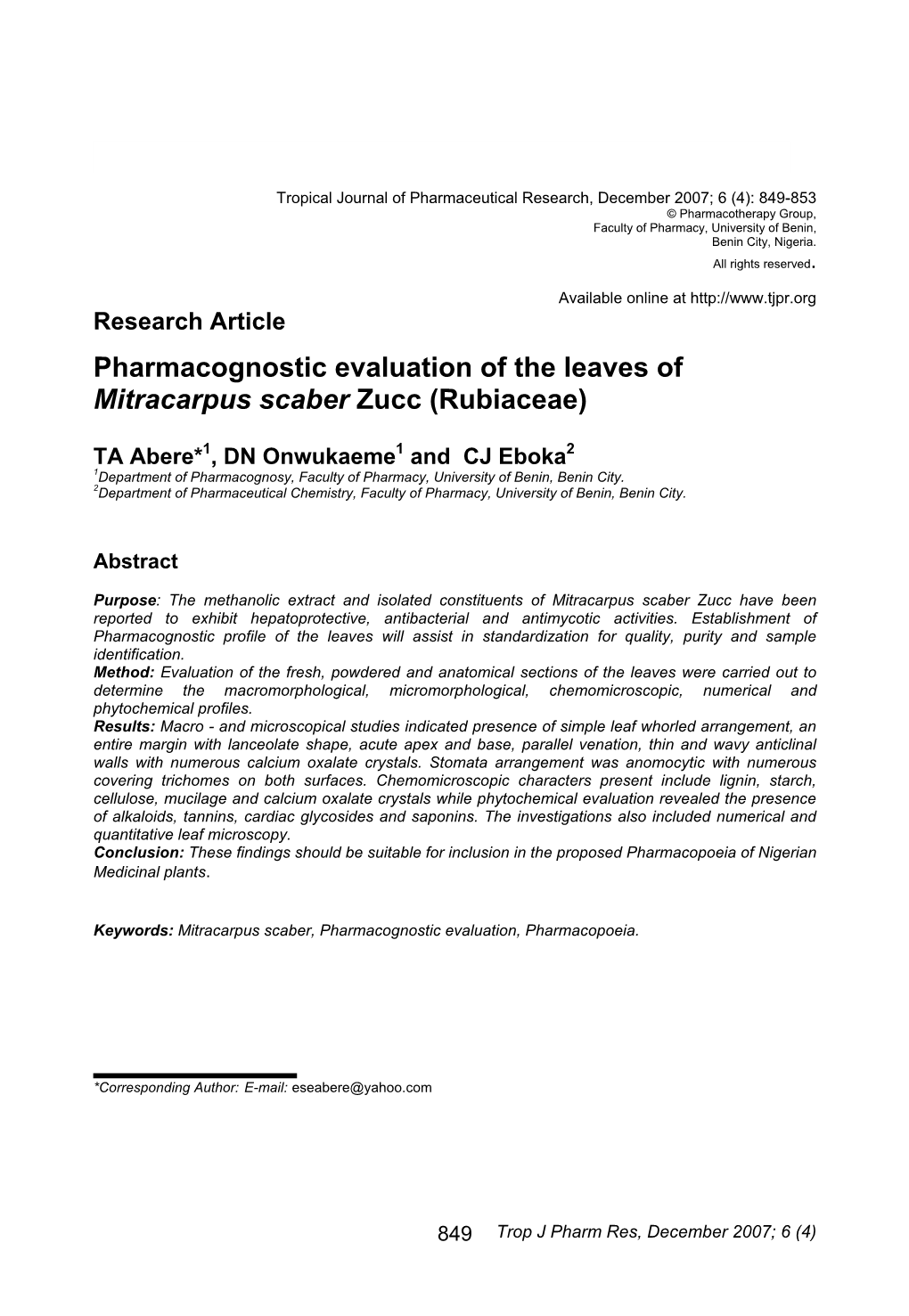 Pharmacognostic Evaluation of the Leaves of Mitracarpus Scaber Zucc (Rubiaceae)