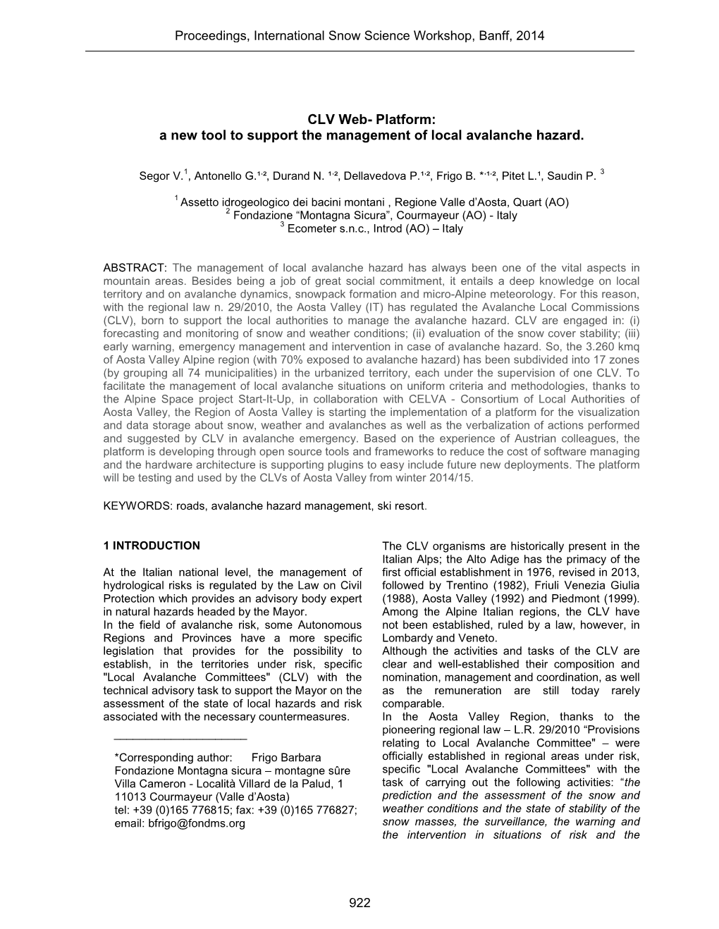 CLV Web- Platform: a New Tool to Support the Management of Local Avalanche Hazard