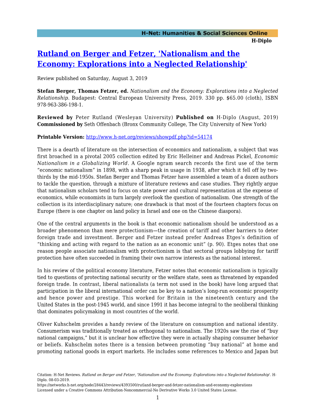 Nationalism and the Economy: Explorations Into a Neglected Relationship'