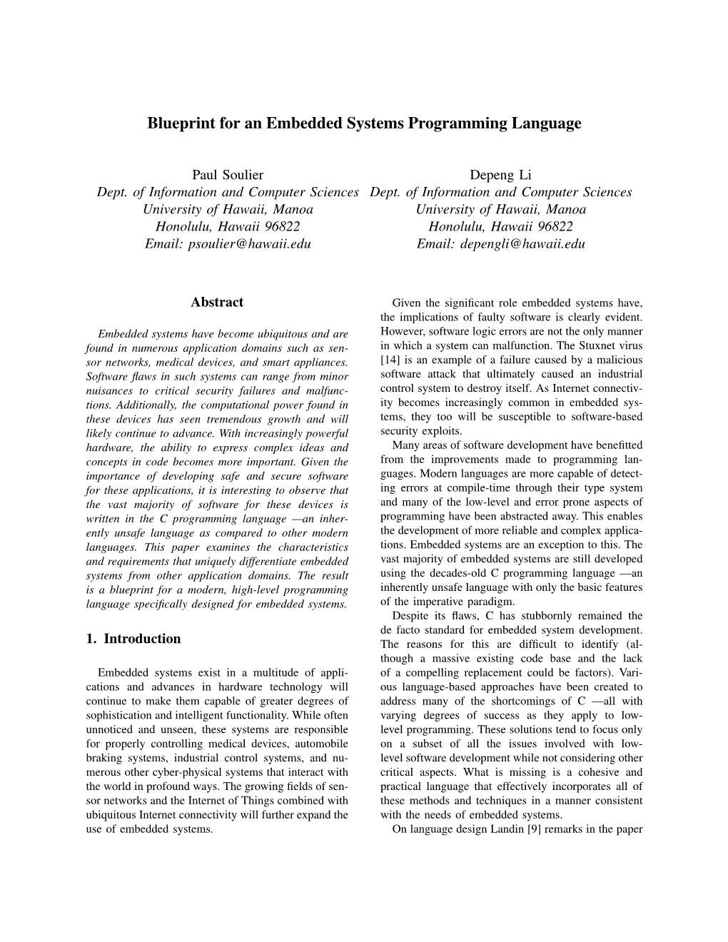 Blueprint for an Embedded Systems Programming Language