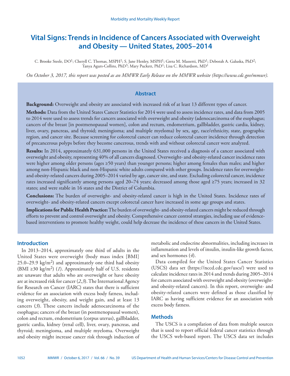 Trends in Incidence of Cancers Associated with Overweight and Obesity — United States, 2005–2014