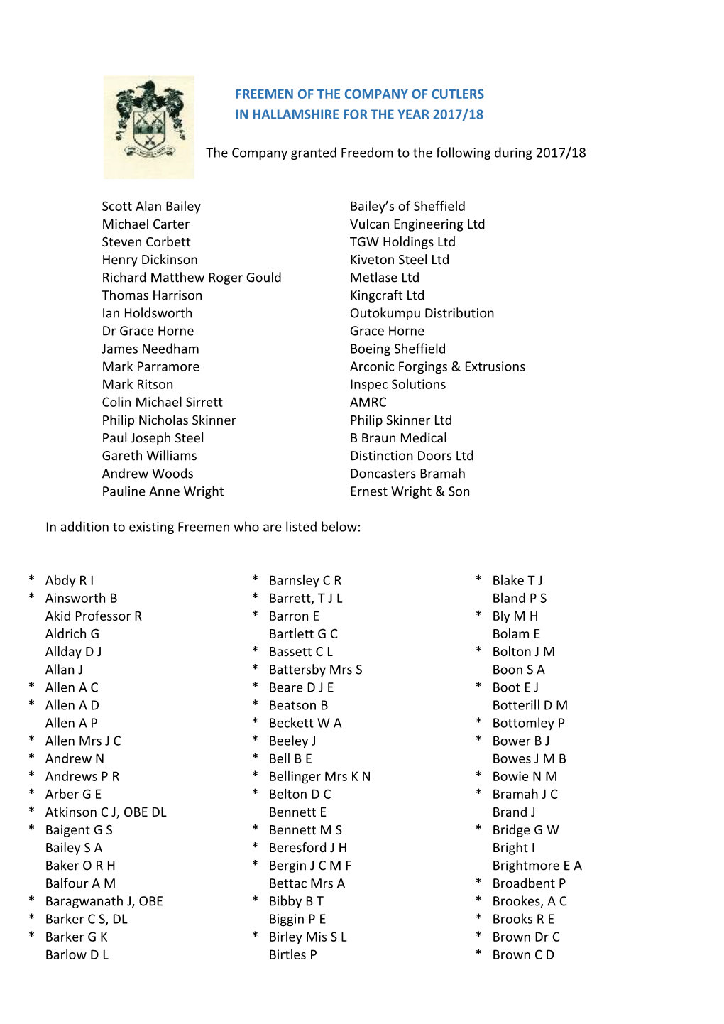 Freemen of the Company of Cutlers in Hallamshire for the Year 2017/18
