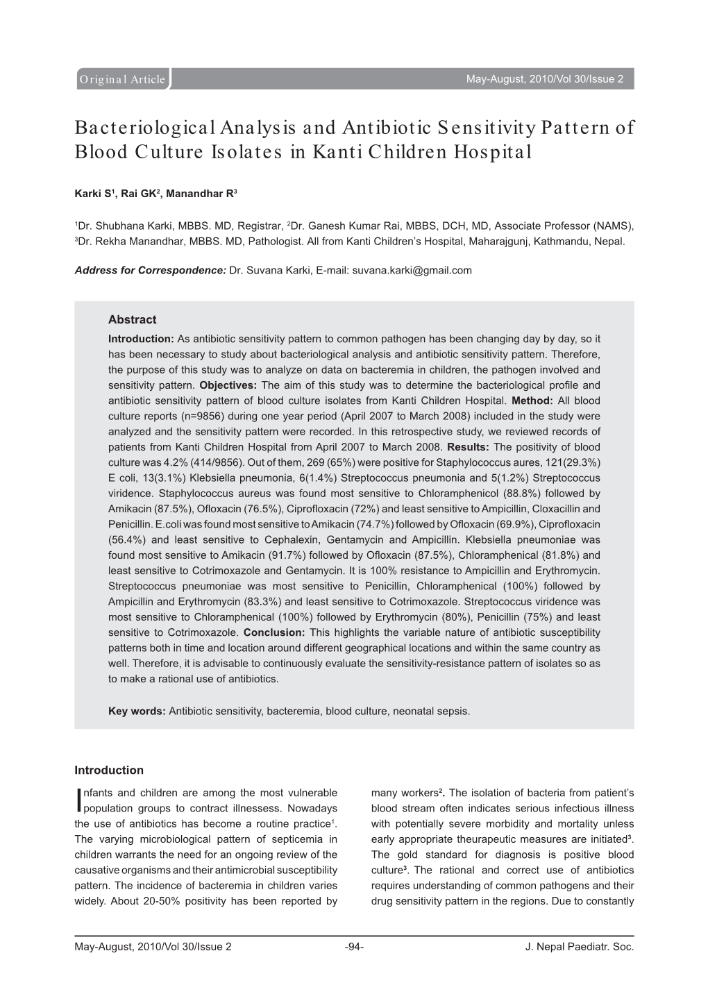 Bacteriological Analysis and Antibiotic Sensitivity Pattern of Blood Culture Isolates in Kanti Children Hospital