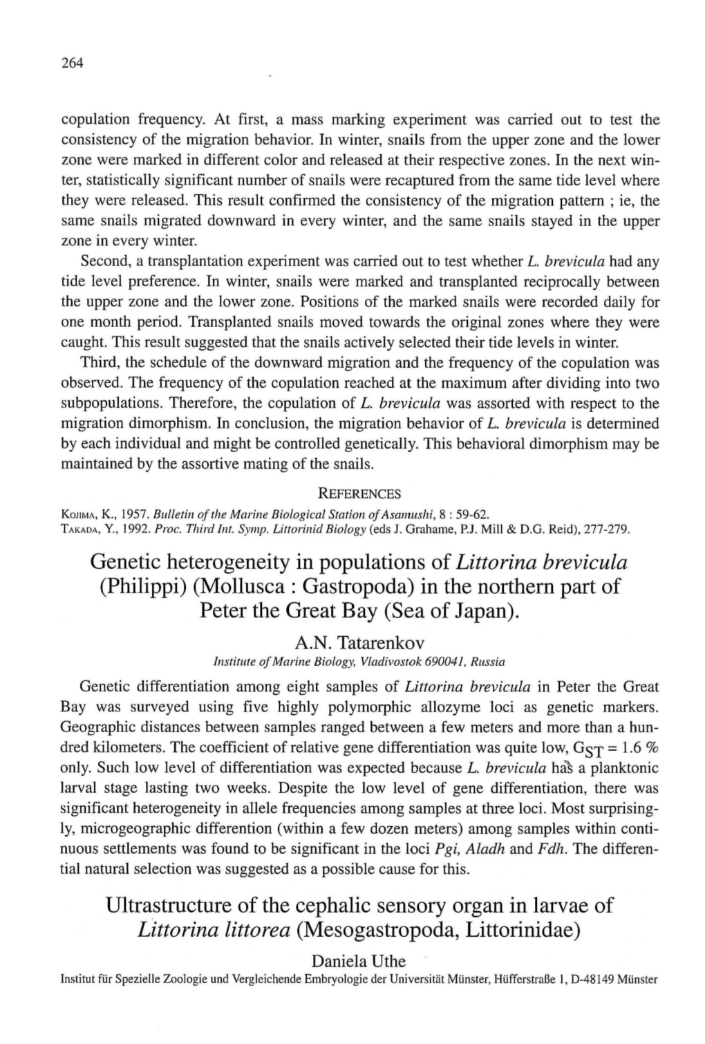 Genetic Heterogeneity in Populations of Littorina Brevicula (Philippi) (Mollusca : Gastropoda) in the Northern Part of Peter the Great Bay (Sea of Japan)
