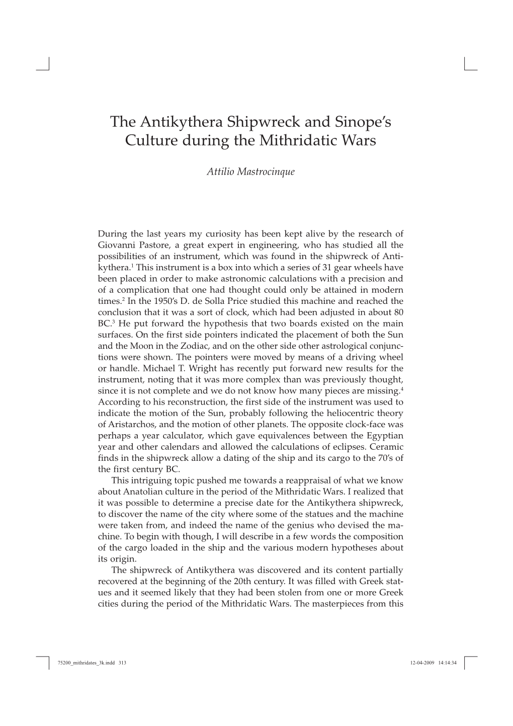 The Antikythera Shipwreck and Sinope's Culture During The