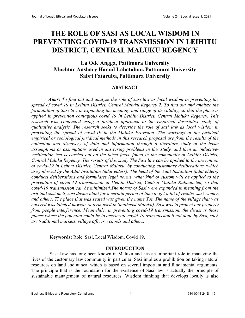 The Role of Sasi As Local Wisdom in Preventing Covid-19 Transmission in Leihitu District, Central Maluku Regency