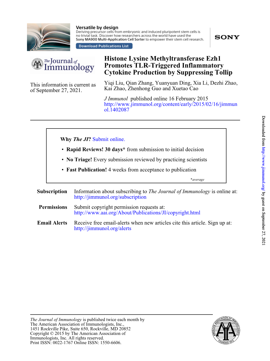 Cytokine Production by Suppressing Tollip Promotes TLR-Triggered