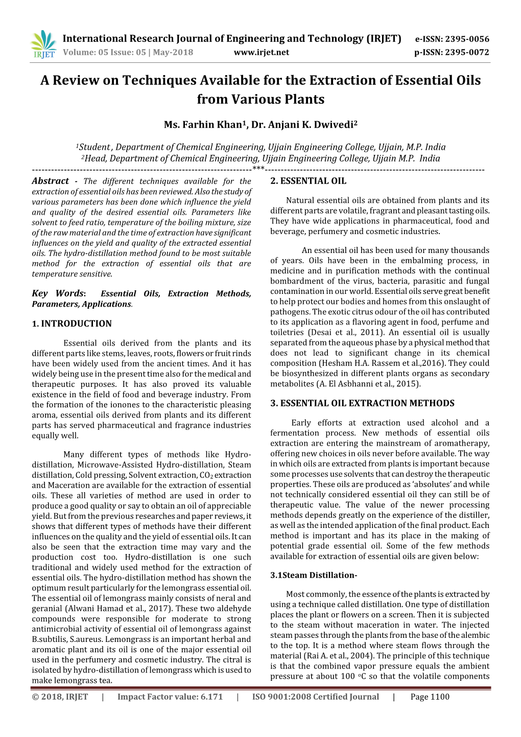 A Review on Techniques Available for the Extraction of Essential Oils from Various Plants