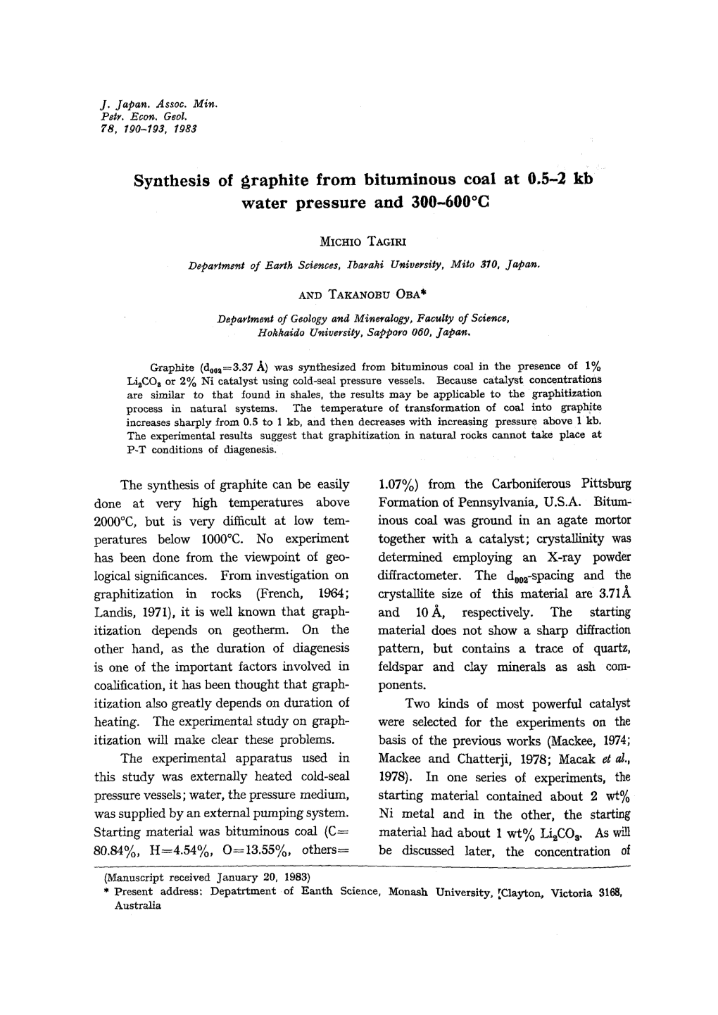 Synthesis of Graphite from Bituminous Coal at 0.5-2 Kb Water Pressure and 300-600°C