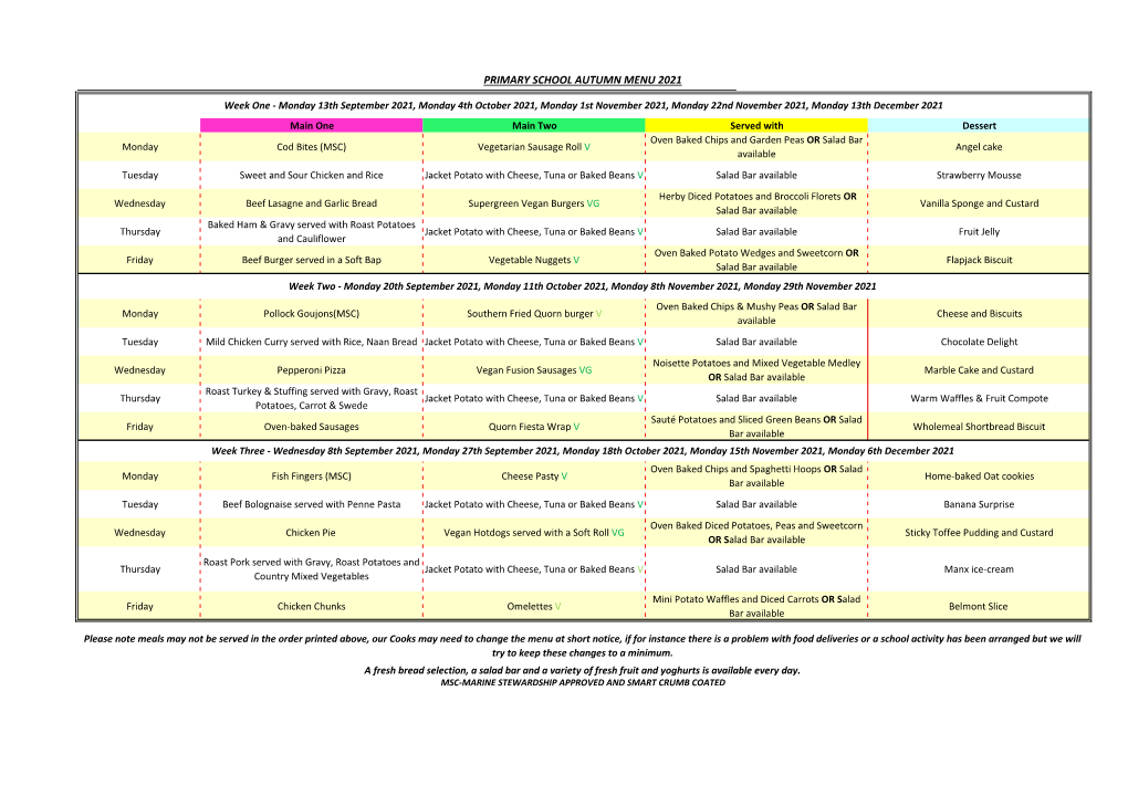 Primary Schools Autumn Menu 2020-2021