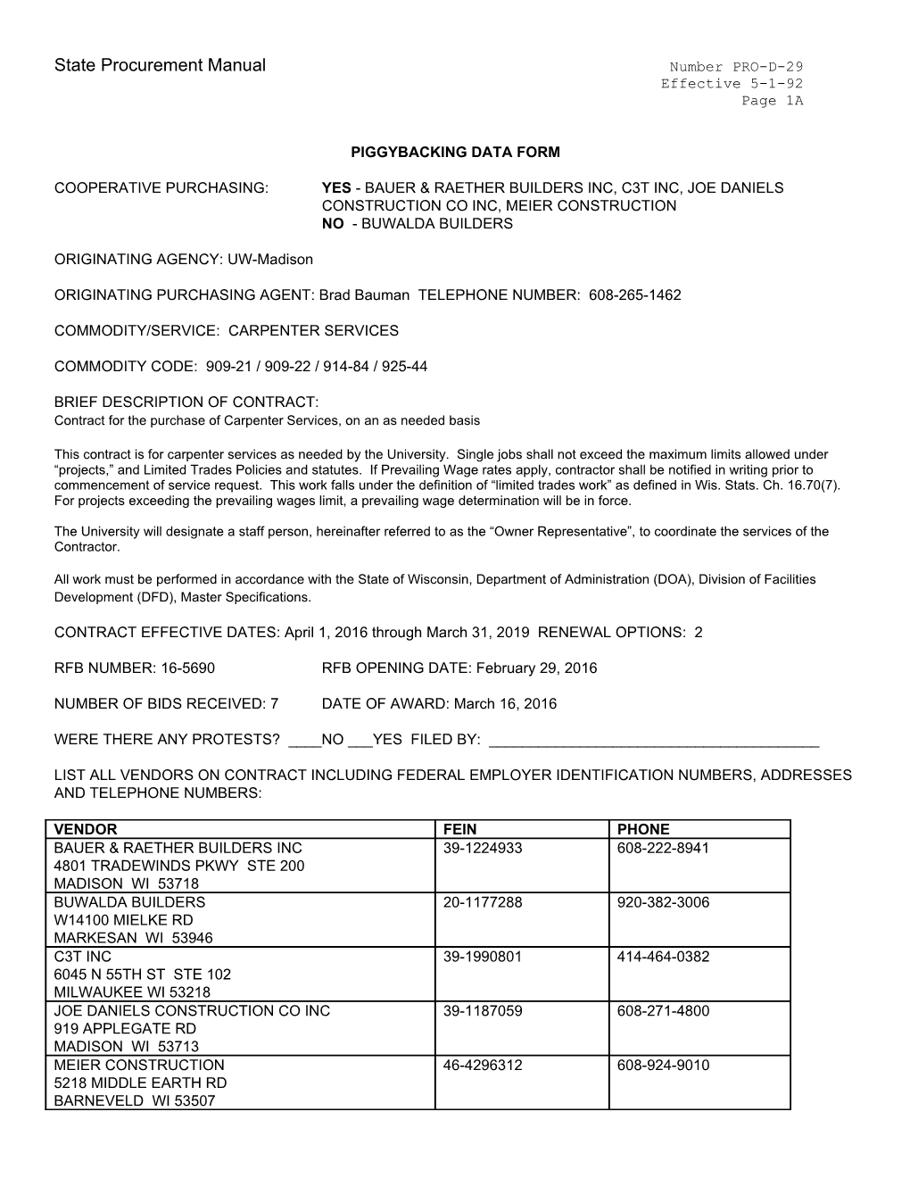 State Procurement Manual Number PRO-D-29 s2