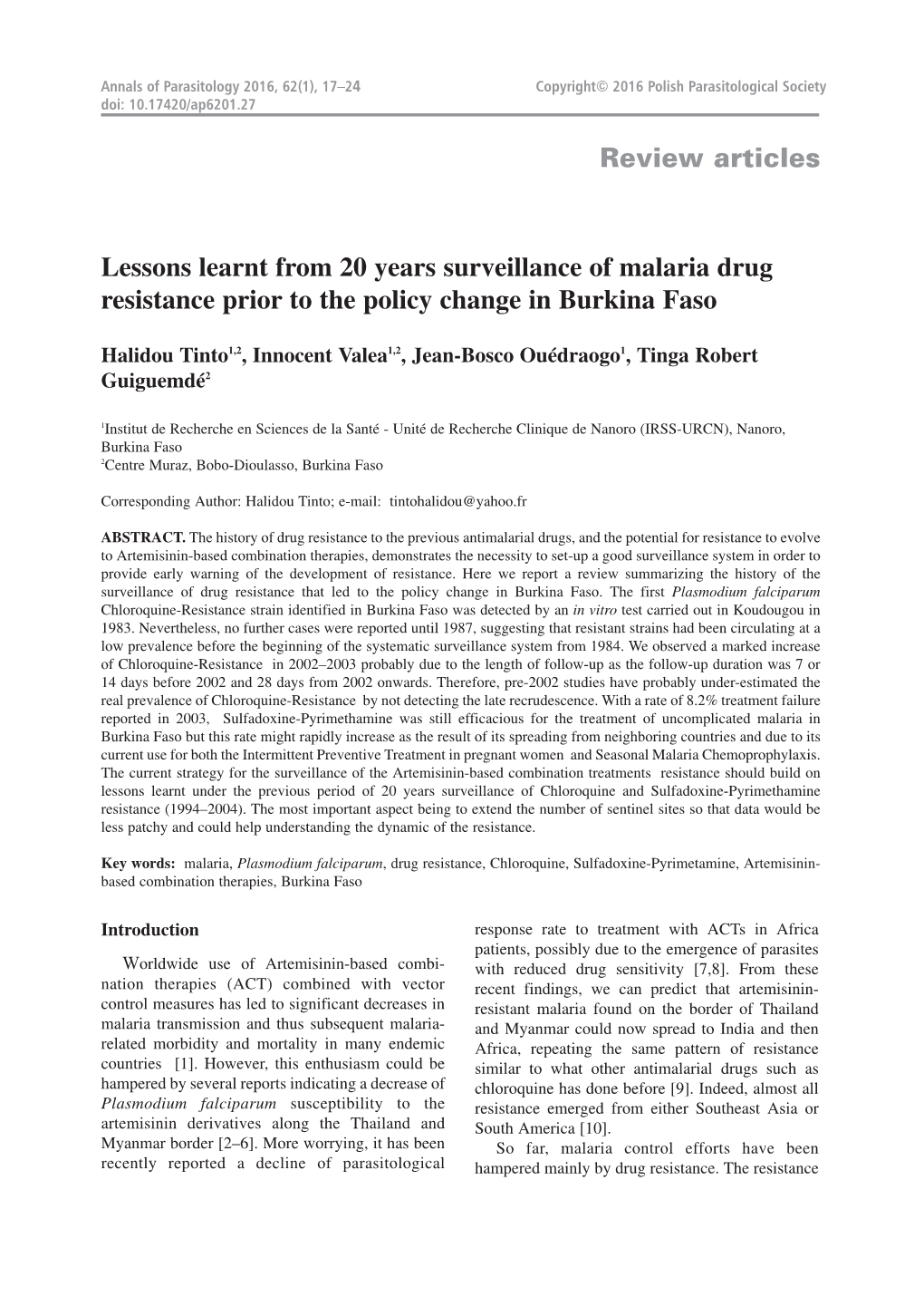 Lessons Learnt from 20 Years Surveillance of Malaria Drug Resistance Prior to the Policy Change in Burkina Faso