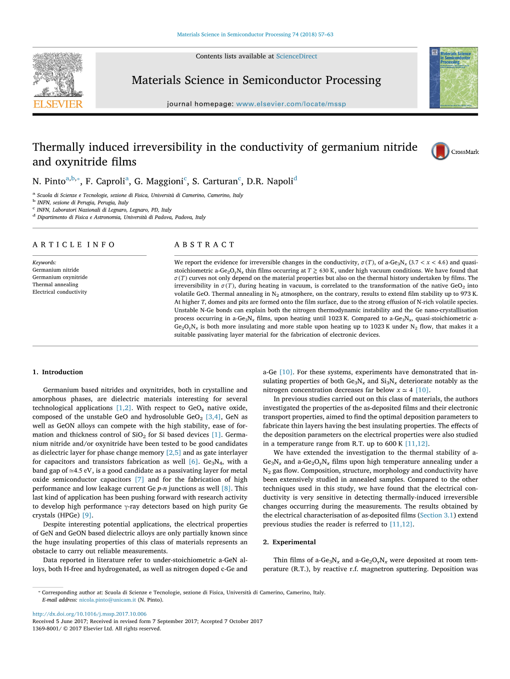 Thermally Induced Irreversibility in the Conductivity of Germanium Nitride MARK and Oxynitride ﬁlms ⁎ N