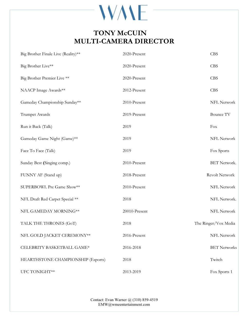 TONY Mccuin MULTI-CAMERA DIRECTOR