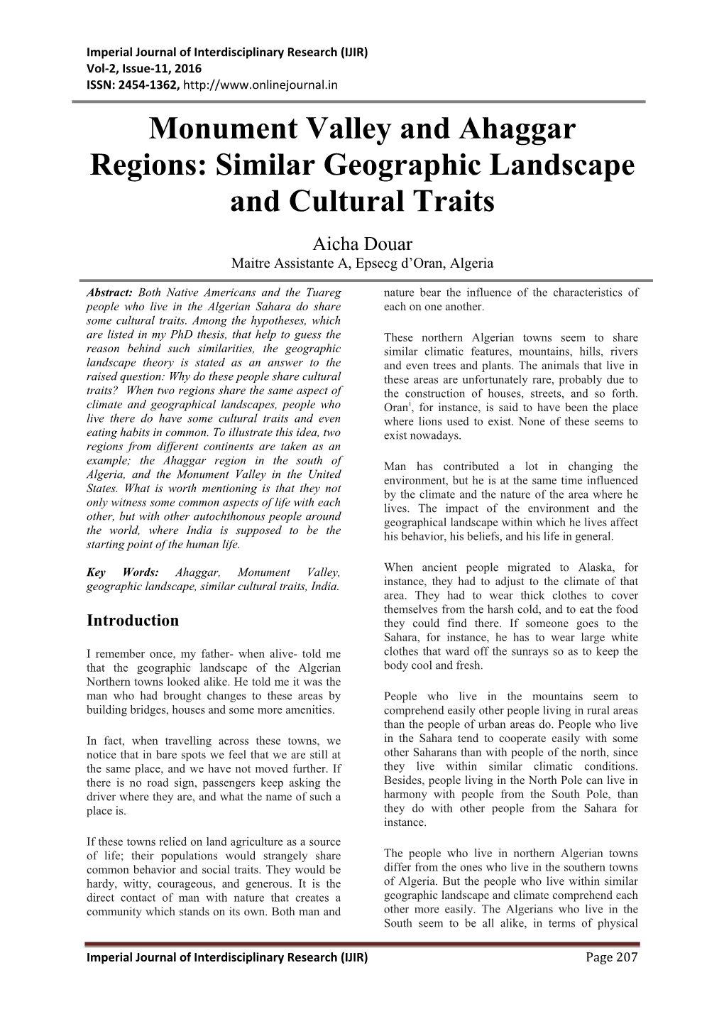 Monument Valley and Ahaggar Regions: Similar Geographic Landscape and Cultural Traits