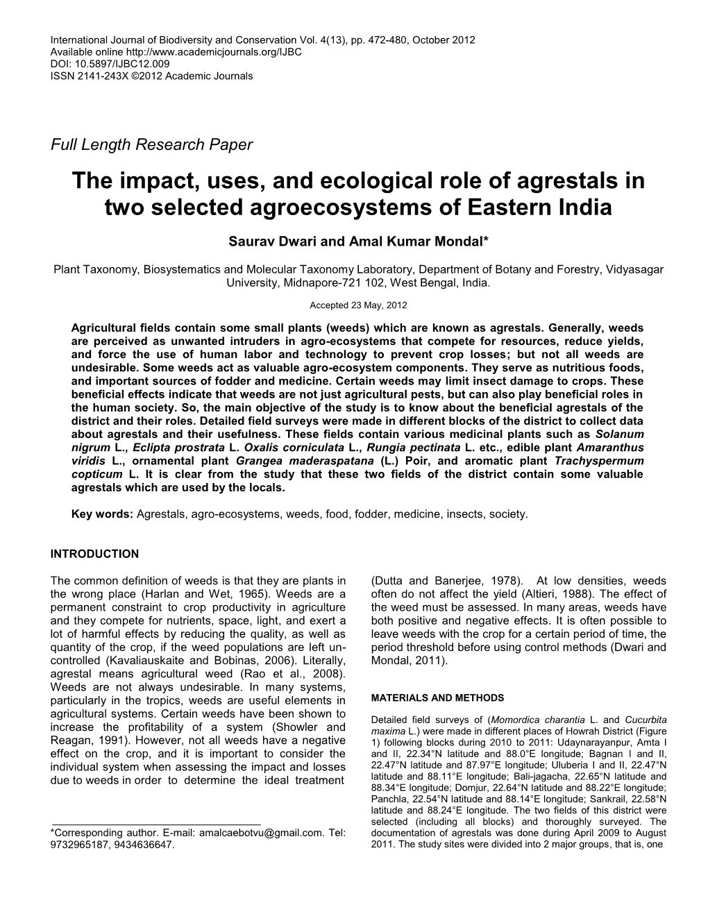 The Impact, Uses, and Ecological Role of Agrestal in Two Selected Agroecosystems of Eastern India