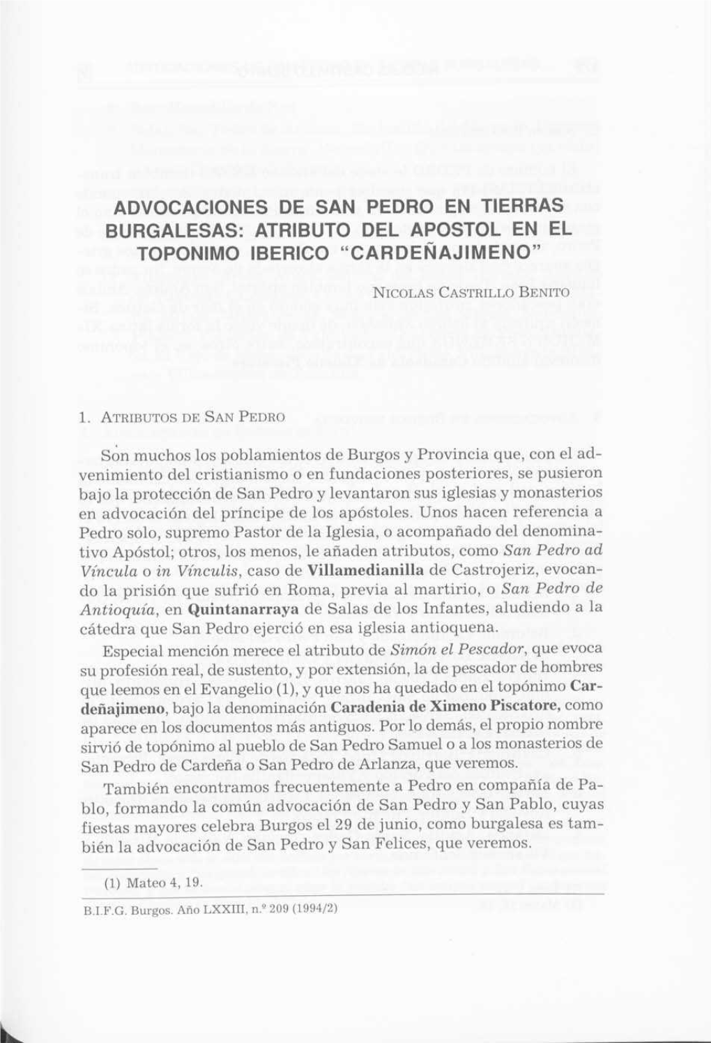 Advocaciones De San Pedro En Tierras Burgalesas: Atributo Del Apostol En El Toponimo Iberico 