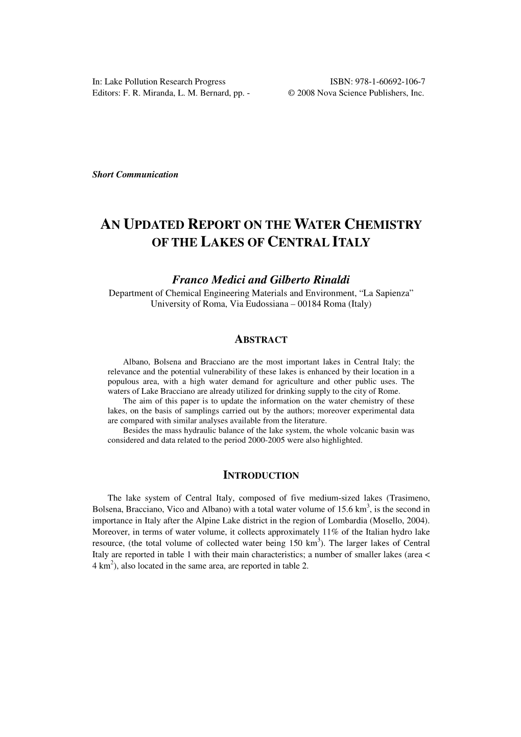 An Updated Report on the Water Chemistry of the Lakes of Central Italy