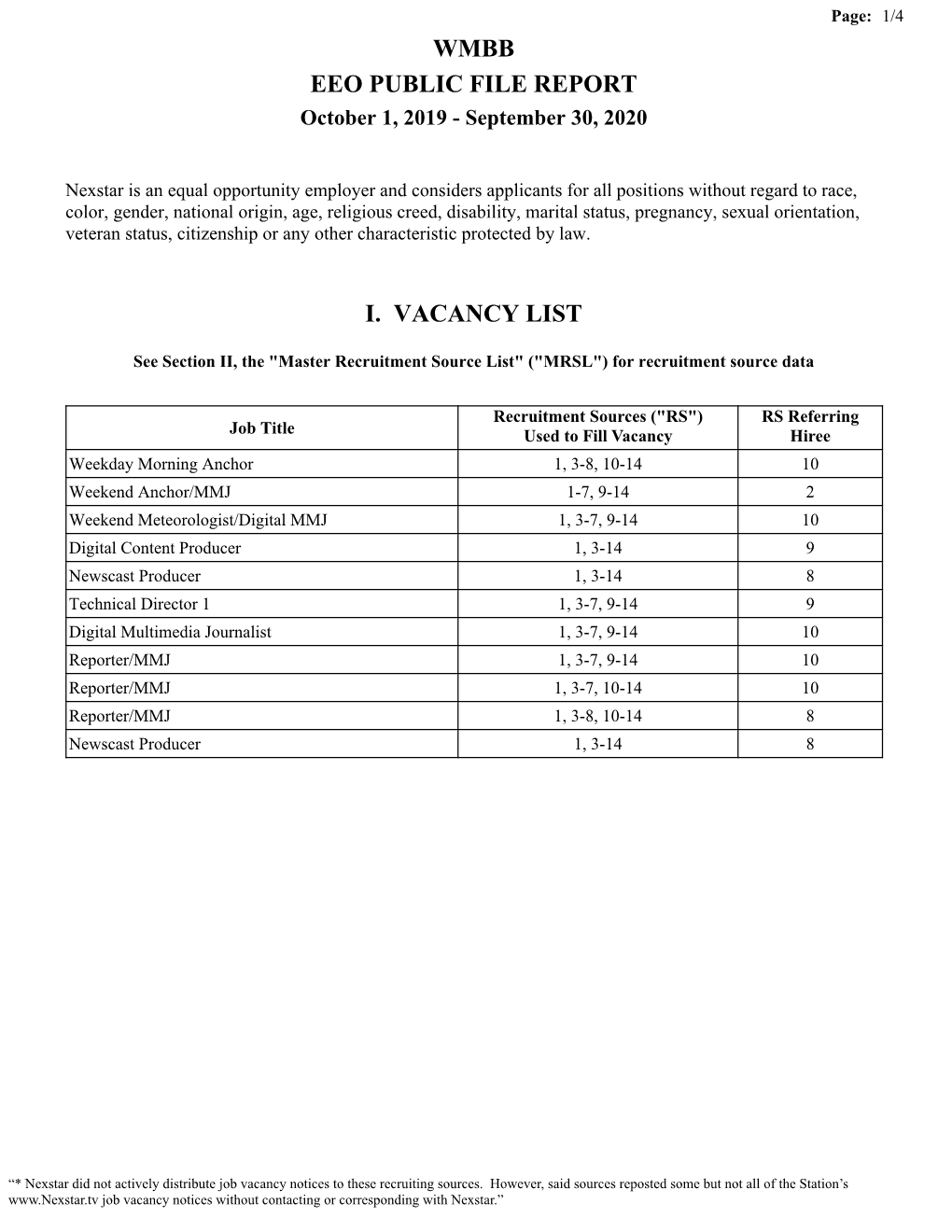 Wmbb Eeo Public File Report I. Vacancy List