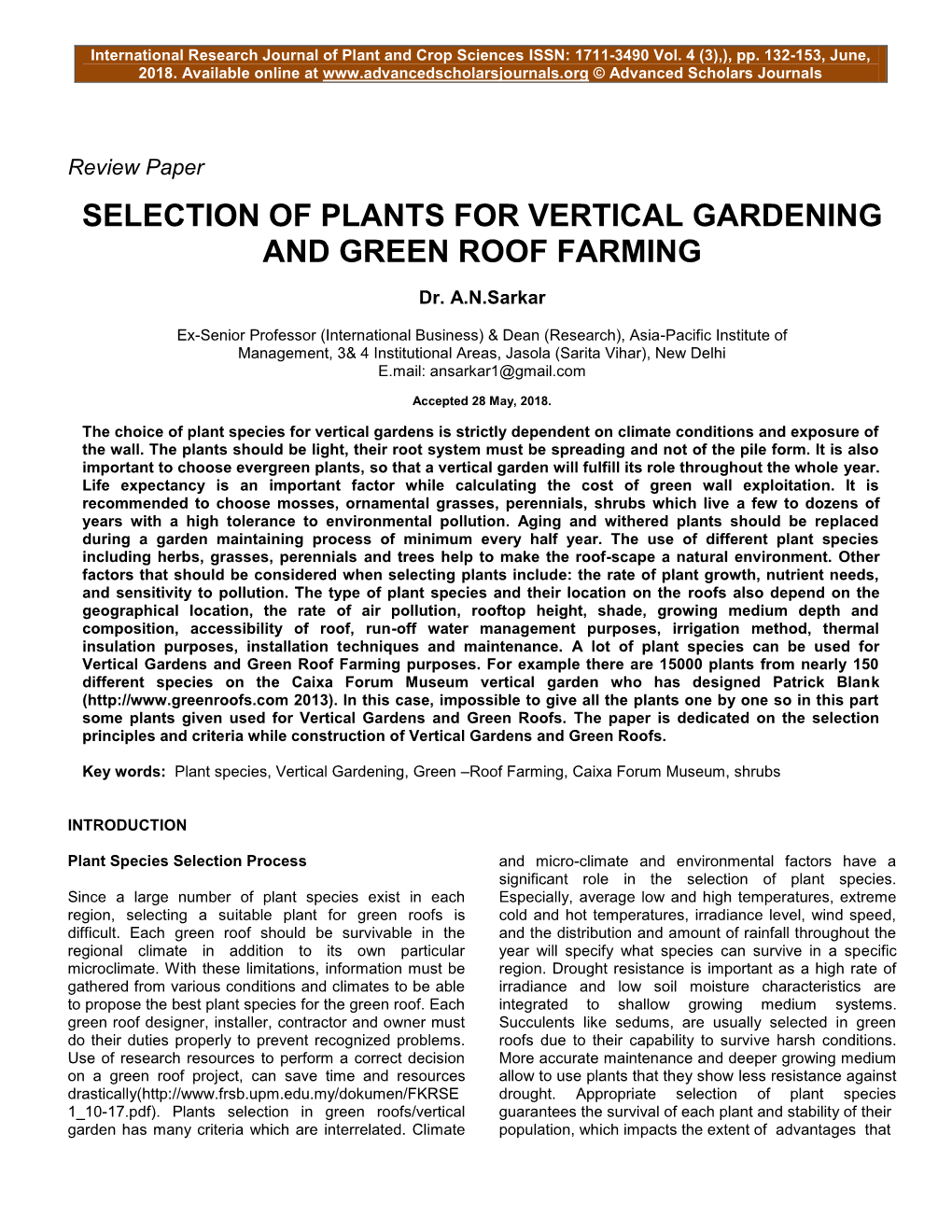 Selection of Plants for Vertical Gardening and Green Roof Farming