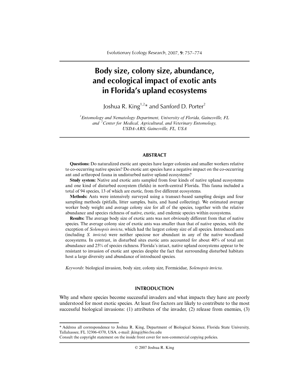 Body Size, Colony Size, Abundance, and Ecological Impact of Exotic Ants in Florida’S Upland Ecosystems