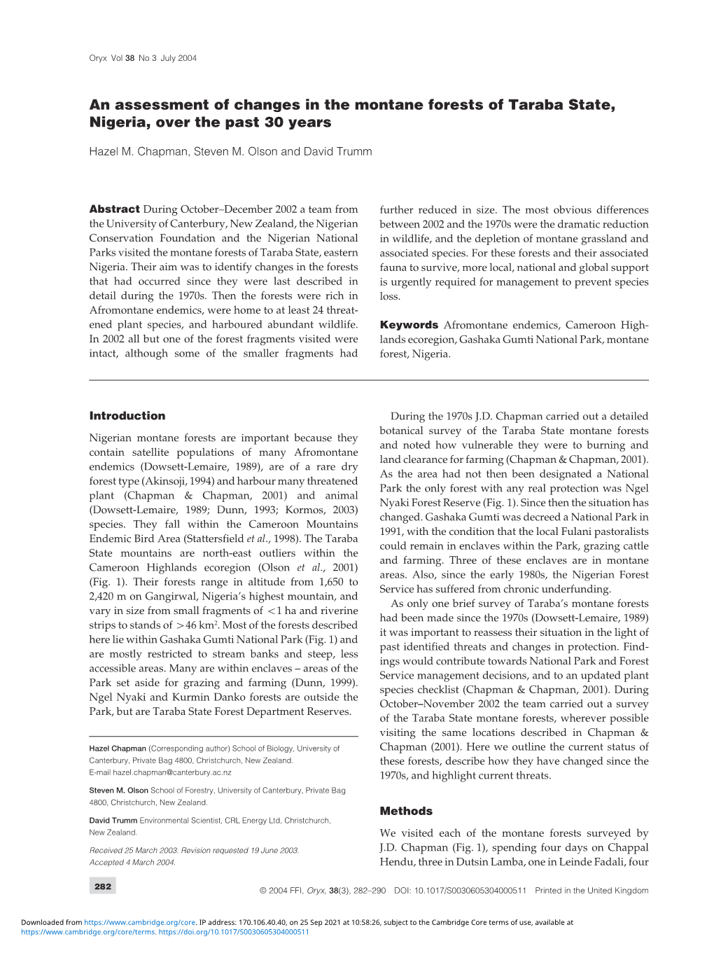 An Assessment of Changes in the Montane Forests of Taraba State, Nigeria, Over the Past 30 Years