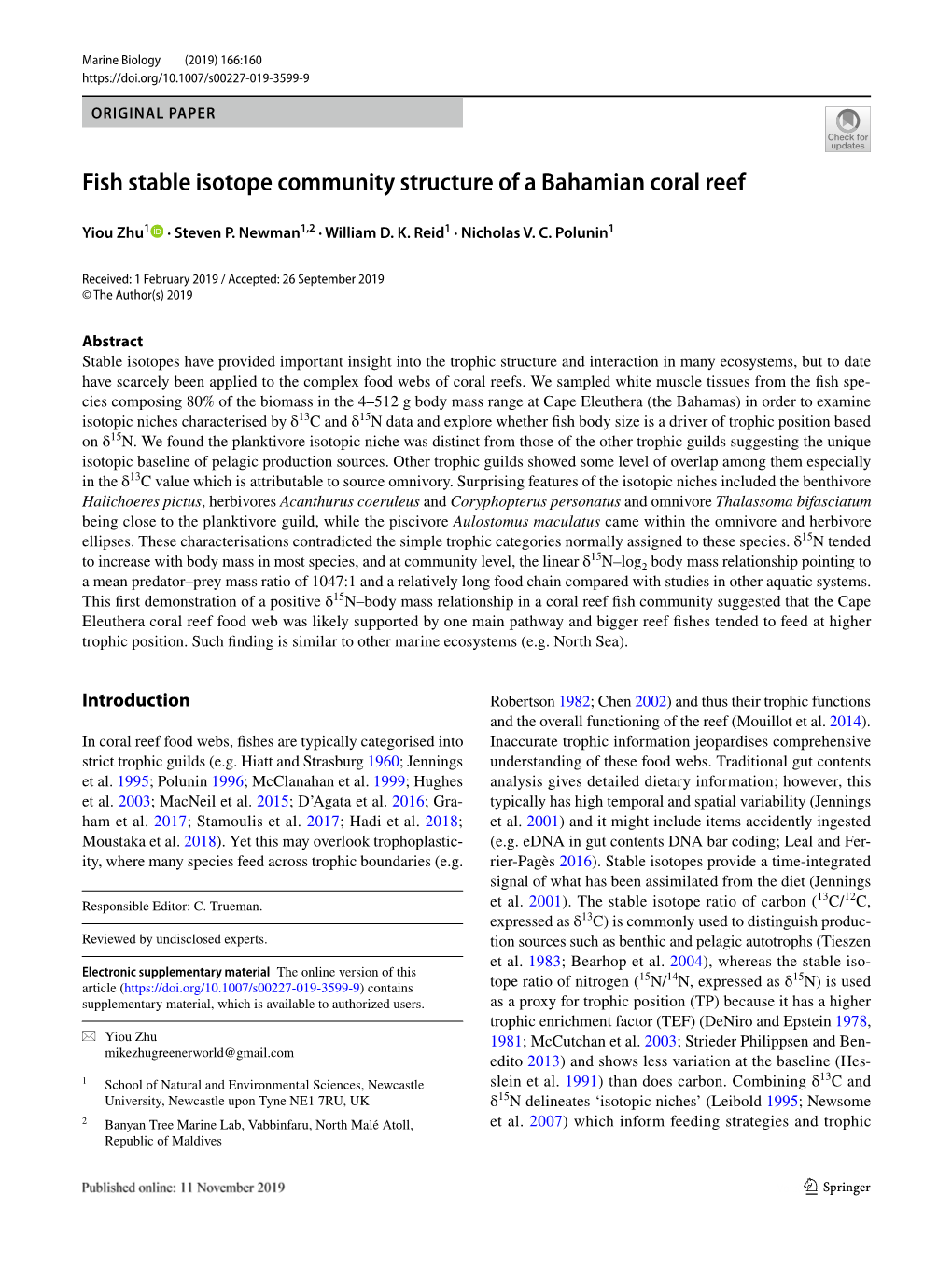 Fish Stable Isotope Community Structure of a Bahamian Coral Reef