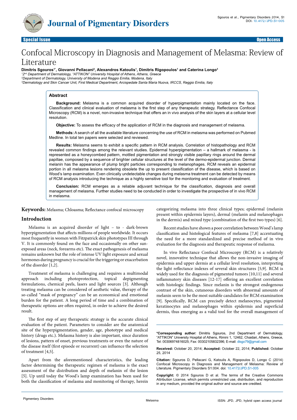 Confocal Microscopy in Diagnosis and Management of Melasma: Review