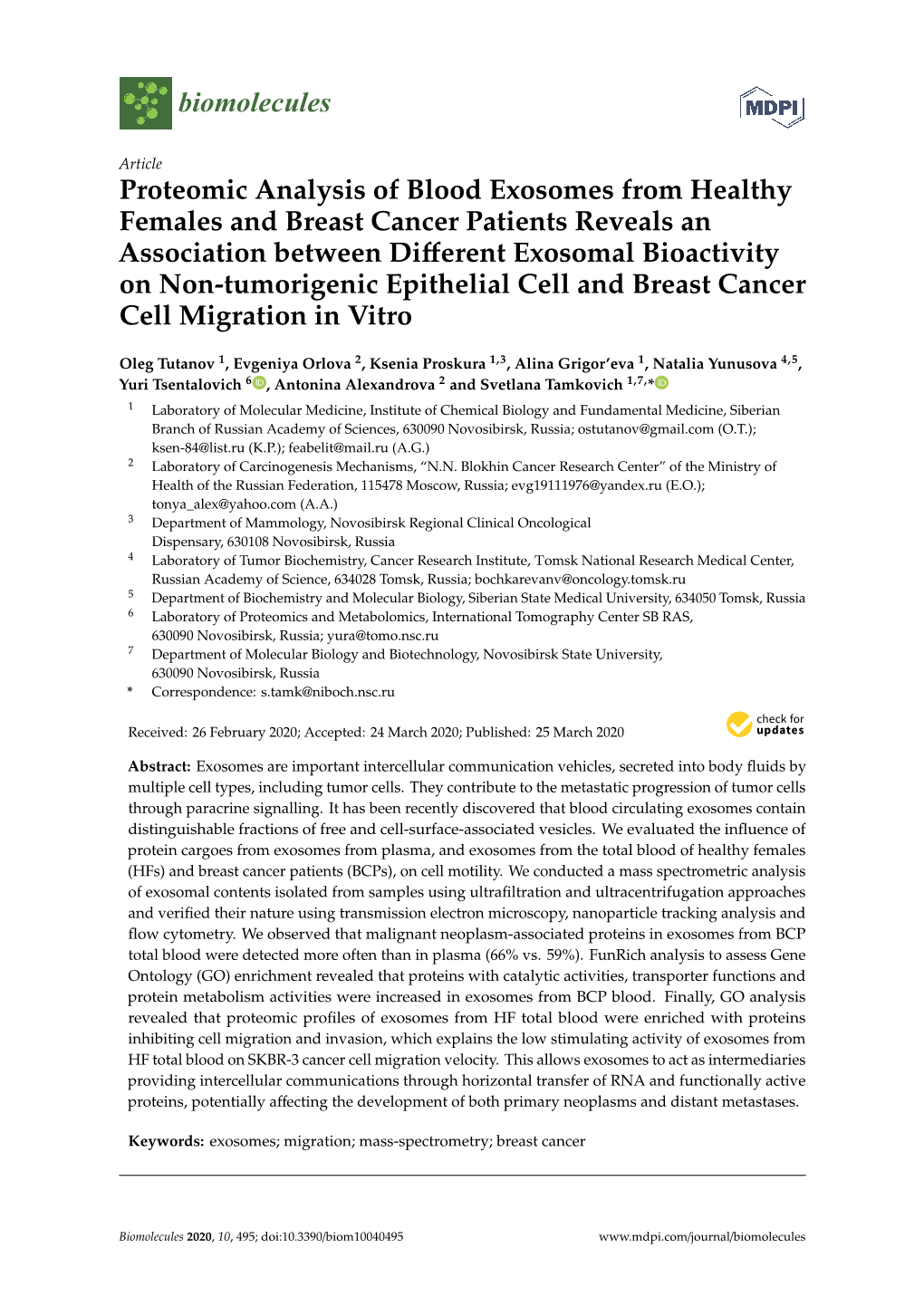 Proteomic Analysis of Blood Exosomes from Healthy Females And