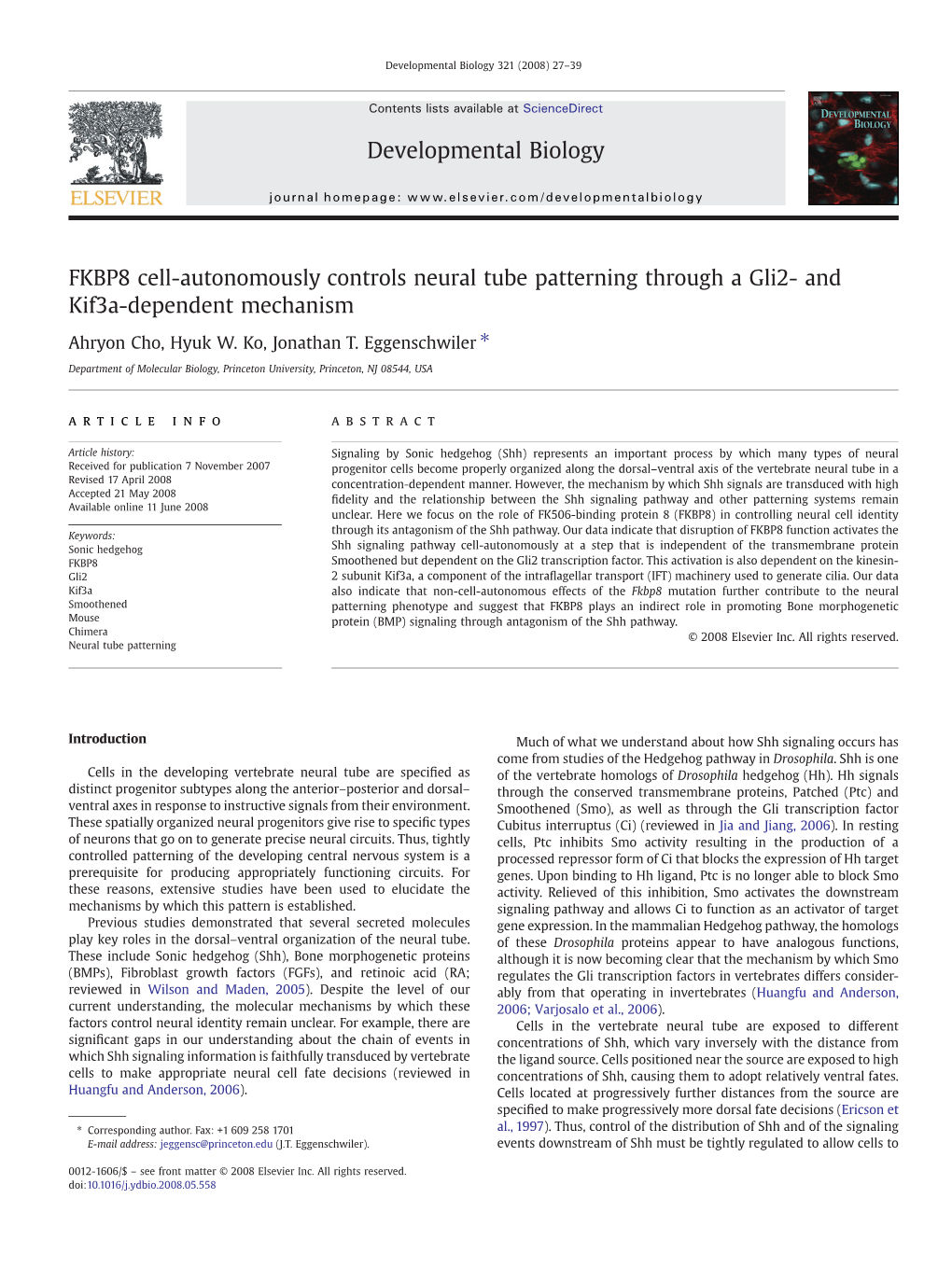 FKBP8 Cell-Autonomously Controls Neural Tube Patterning Through a Gli2- and Kif3a-Dependent Mechanism