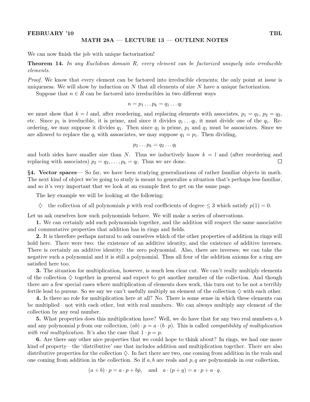 February '10 Tbl Math 28A — Lecture 13 — Outline Notes