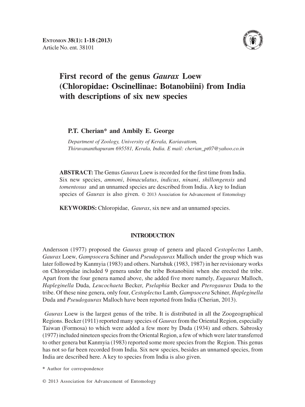 First Record of the Genus Gaurax Loew (Chloropidae: Oscinellinae: Botanobiini) from India with Descriptions of Six New Species