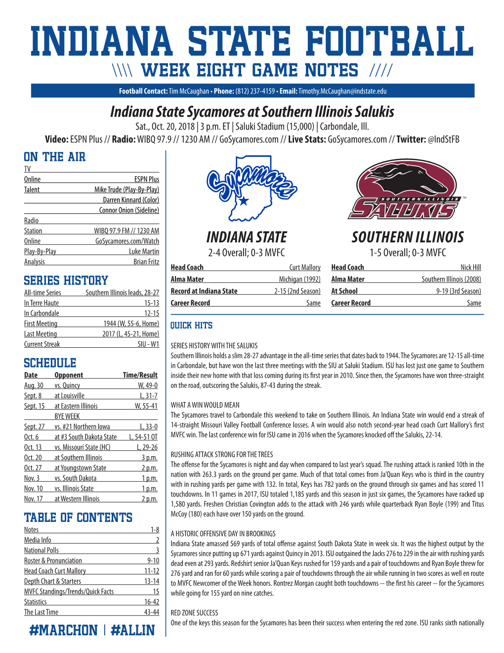 INDIANA STATE FOOTBALL Week EIGHT GAME NOTES