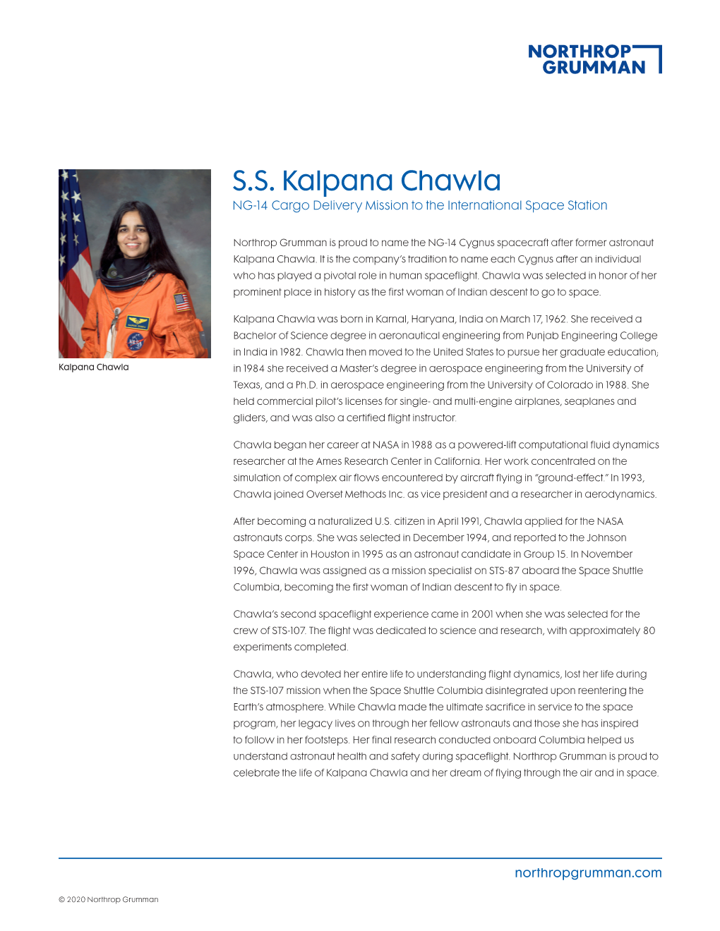 S.S. Kalpana Chawla NG-14 Cargo Delivery Mission to the International Space Station