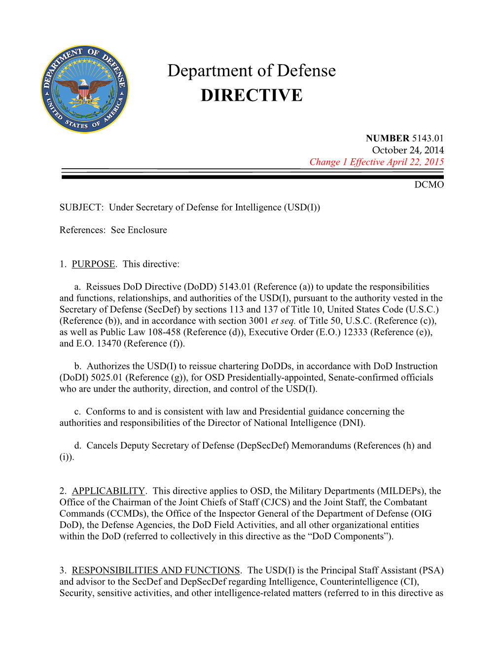 Dod Directive 5143.01, October 24, 2014