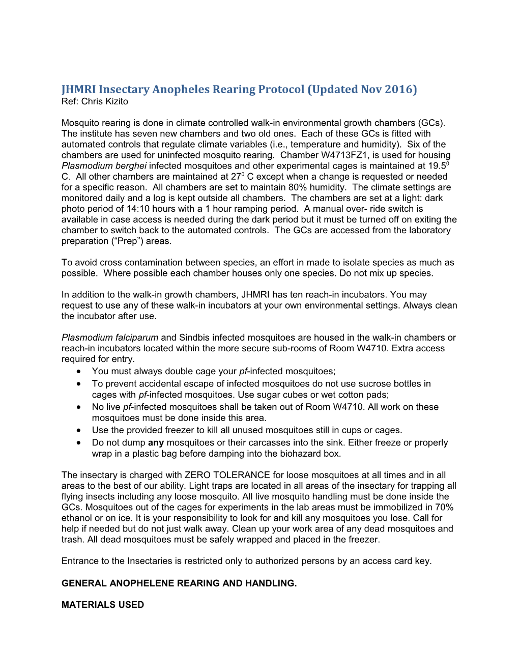 JHMRI Insectary Anopheles Rearing Protocol (Updated Nov 2016)