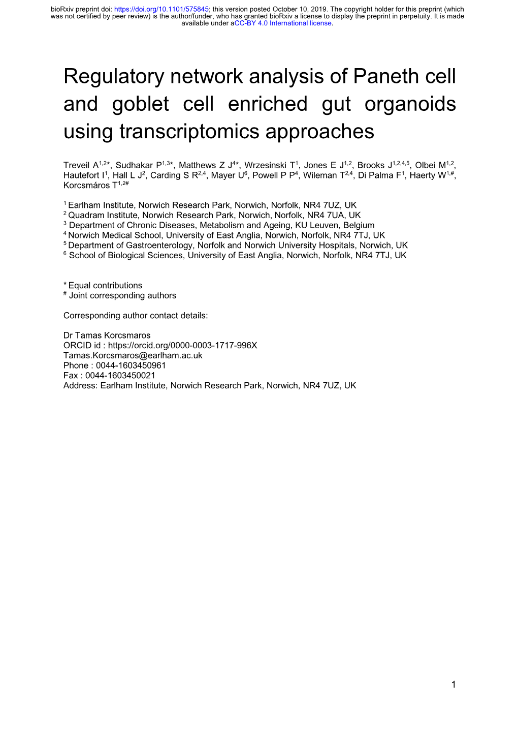 Regulatory Network Analysis of Paneth Cell and Goblet Cell Enriched Gut Organoids Using Transcriptomics Approaches