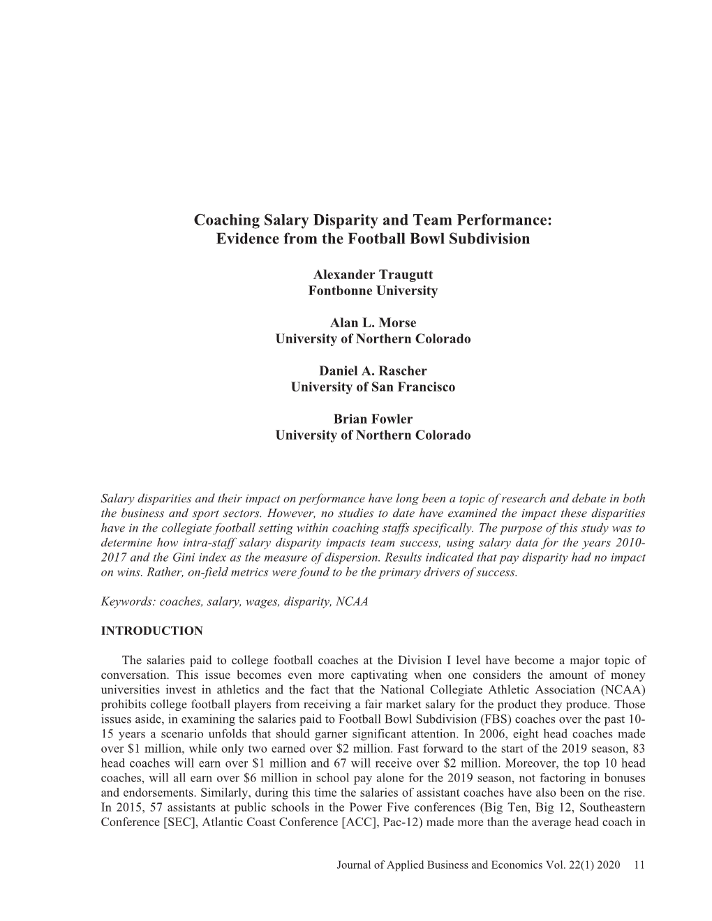 Coaching Salary Disparity and Team Performance: Evidence from the Football Bowl Subdivision