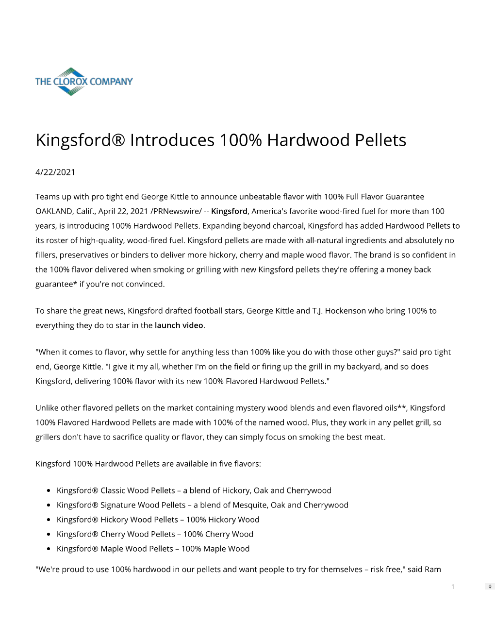 Kingsford® Introduces 100% Hardwood Pellets