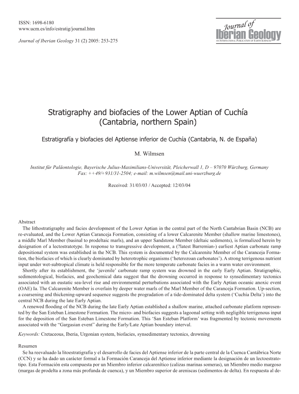 Stratigraphy and Biofacies of the Lower Aptian of Cuchía (Cantabria, Northern Spain)