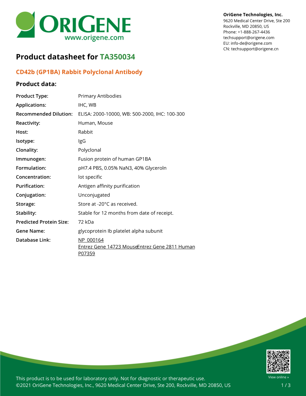 Cd42b (GP1BA) Rabbit Polyclonal Antibody – TA350034 | Origene